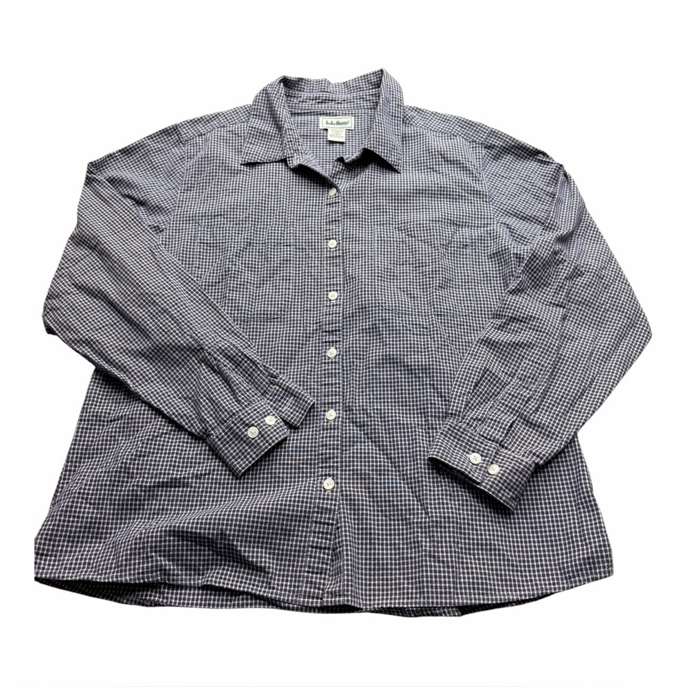 L.L. Bean women size  LG Navy Checkered Button Down Shirt